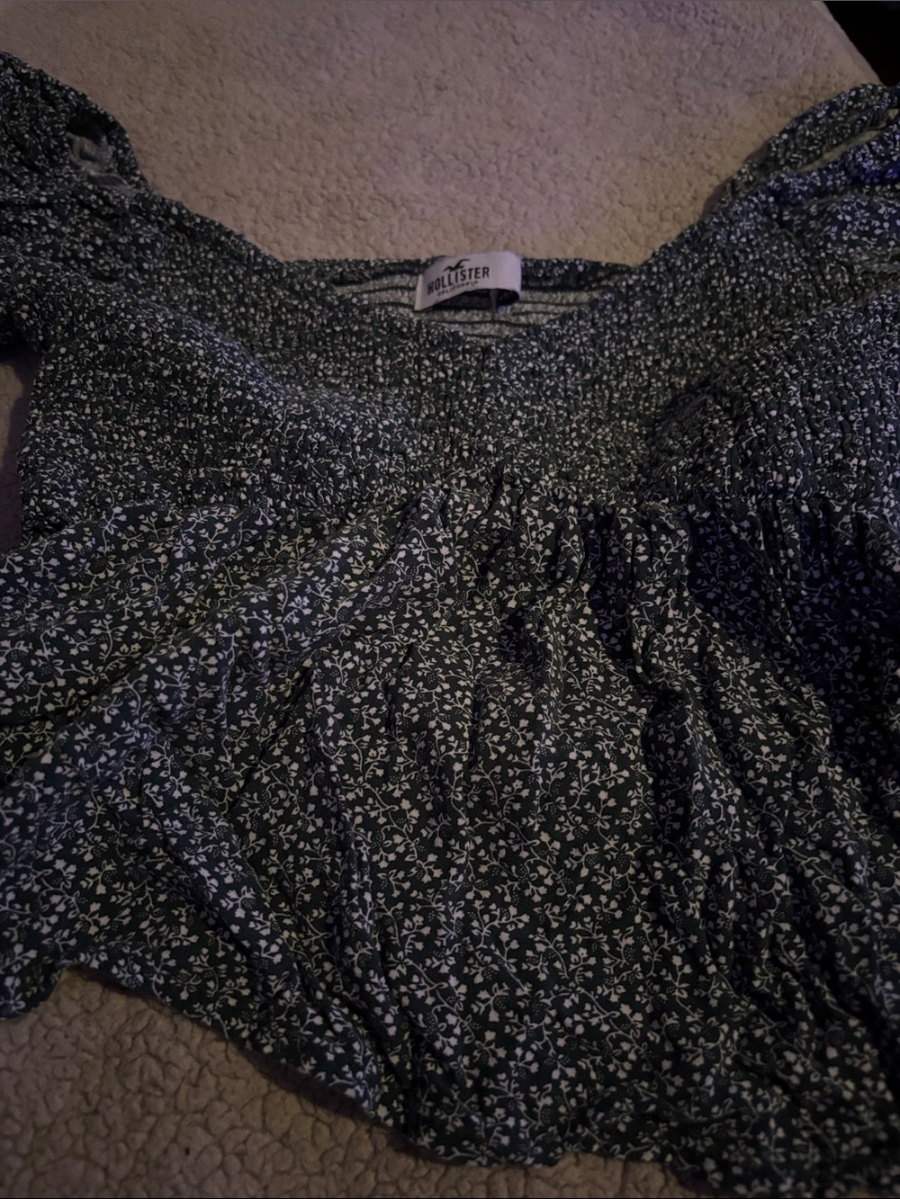 Hollister Dark Green Floral Smocked Square-Neck Blouse